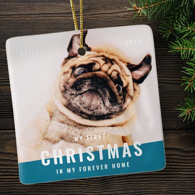 My First Christmas Forever Home Modern Pet Photo Ceramic Ornament (Creator Uploaded)