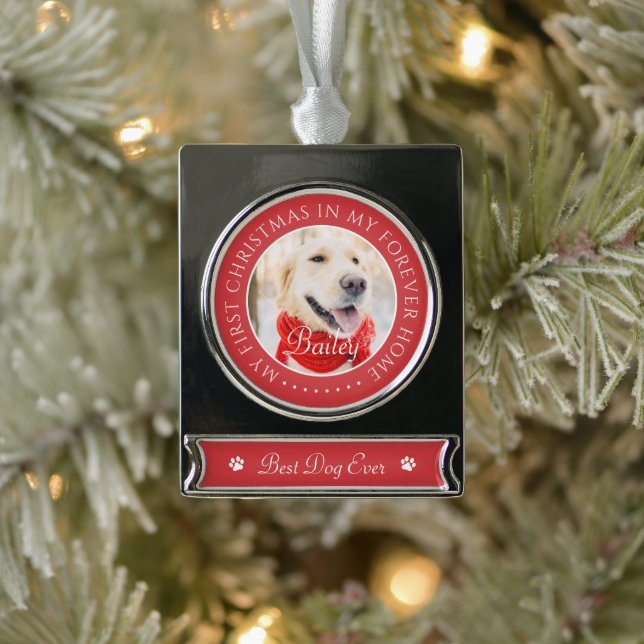 My First Christmas Forever Home Modern Pet Photo Silver Plated Banner Ornament (Tree)