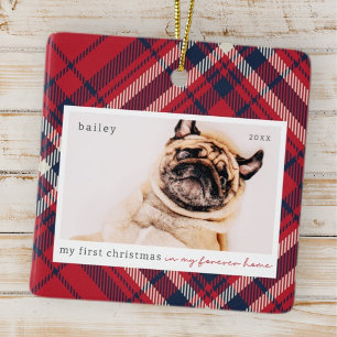 My First Christmas Forever Home Plaid Pet Photo Ceramic Ornament