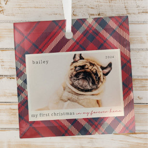 My First Christmas Forever Home Plaid Pet Photo Glass Tree Decoration