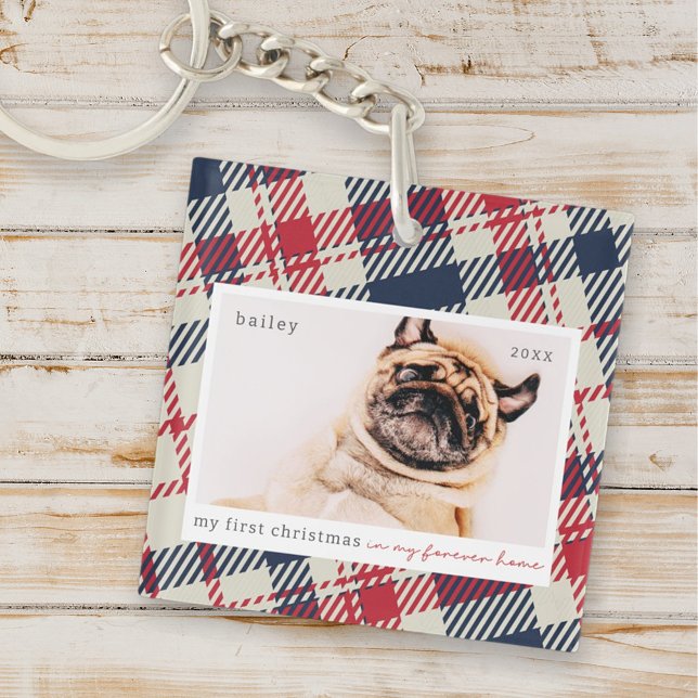 My First Christmas Forever Home Plaid Pet Photo Key Ring (Creator Uploaded)