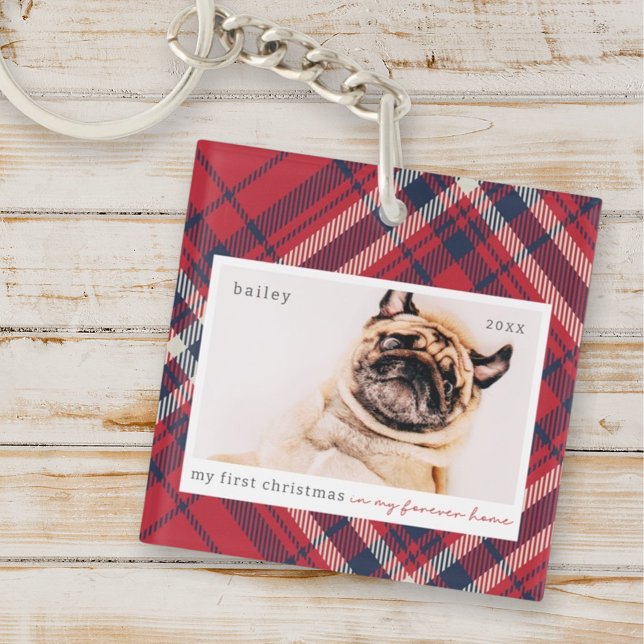 My First Christmas Forever Home Plaid Pet Photo Key Ring (Creator Uploaded)