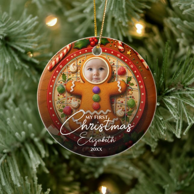 My First Christmas Fun Cute Gingerbread Photo Ceramic Tree Decoration (Tree)
