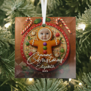 My First Christmas Fun Cute Gingerbread Photo Glass Tree Decoration