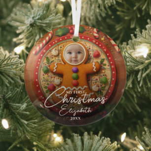 My First Christmas Fun Cute Gingerbread Photo Glass Tree Decoration