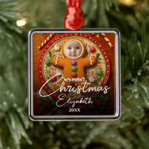My First Christmas Fun Cute Gingerbread Photo Metal Tree Decoration