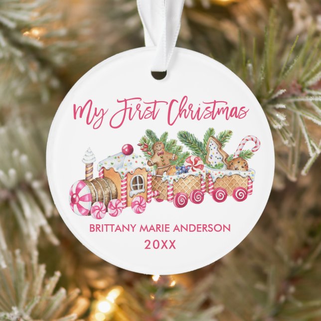 My First Christmas Gingerbread Train Baby Pink Ornament (Tree)