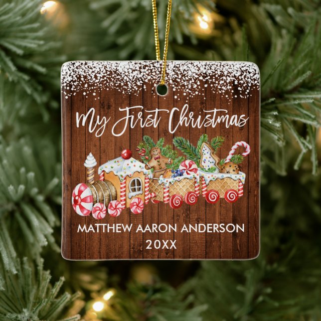 My First Christmas Gingerbread Train Snow Baby Ceramic Ornament (Tree)