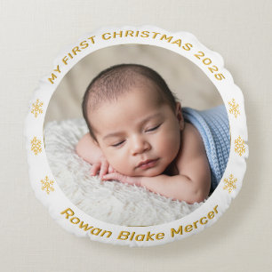 My First Christmas Gold Personalized Baby Photo Round Cushion