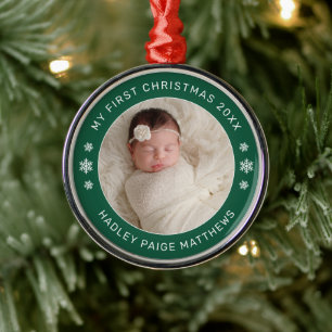 My First Christmas Green Baby Girl Photo Metal Tree Decoration