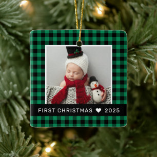 My First Christmas Green Buffalo Plaid Baby Photo Ceramic Ornament