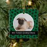 My First Christmas Green Custom Puppy Photo Ceramic Ornament<br><div class="desc">Celebrate your furry family member’s Christmas debut with this adorable personalised keepsake ornament! Festive design features a pattern of paw prints, a photo of your pet dog (or cat) and modern custom “My First Christmas”, their name, and birth year text. Green, black and white colour scheme. Photo tip: crop your...</div>