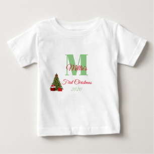 My First Christmas Green Red Tree Editable Baby T-Shirt