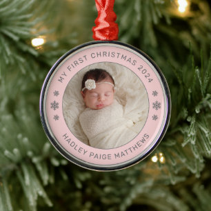 My First Christmas Light Pink Baby Girl Photo Metal Tree Decoration