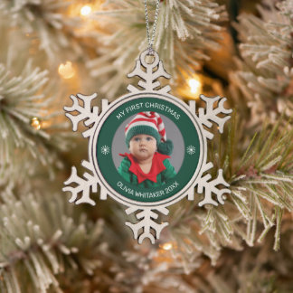 My First Christmas Modern Baby Holiday Photo Green Snowflake Pewter Christmas Ornament