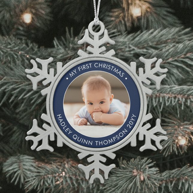 My First Christmas Modern Baby Photo Navy & White Snowflake Pewter Christmas Ornament (Creator Uploaded)