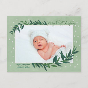 My First Christmas Modern Botanical Baby Photo  Holiday Postcard