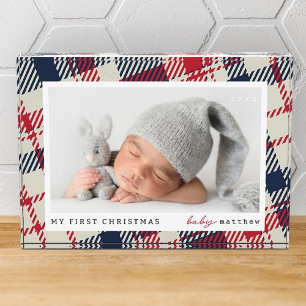 My First Christmas Modern Plaid Baby Photo Block