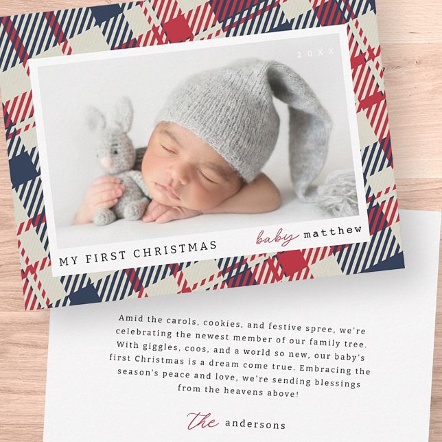 My First Christmas Modern Plaid Baby Photo Holiday Card (Creator Uploaded)