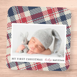 My First Christmas Modern Plaid Baby Photo Square Sticker
