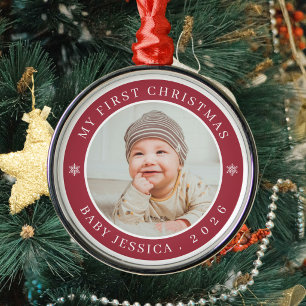 My First Christmas Modern Red Newborn Baby Photo Metal Tree Decoration