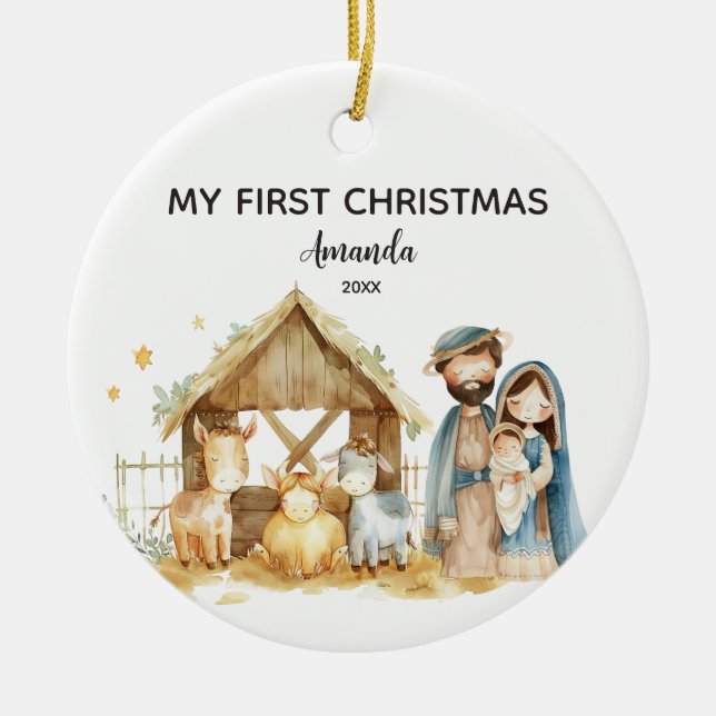 My First Christmas Nativity Family Personalised Ceramic Tree Decoration (Front)