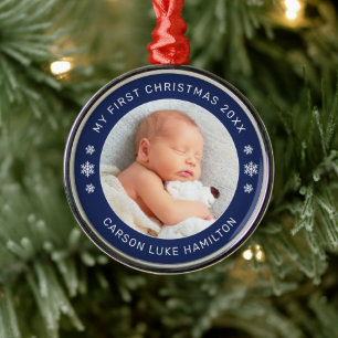 My First Christmas Navy Blue Baby Boy Photo Metal Tree Decoration
