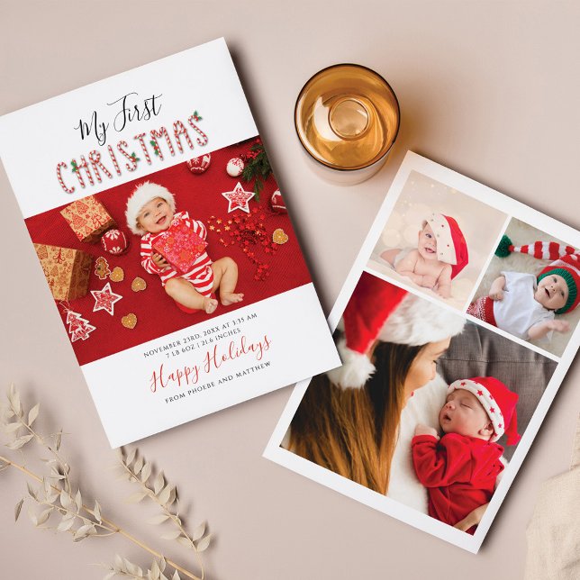 My First Christmas New Baby Photo Collage Holiday Card (Cute First Christmas Baby Photo Collage Holiday Greetings)
