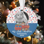 My First Christmas New Baby Train Watercolor Photo Ornament<br><div class="desc">This design may be personalised in the area provided by changing the photo and/or text. Or it can be customised by clicking Personalise this Template and then choosing the click to customise further option and delete or change the colour of the background, add text, change the text colour or style,...</div>
