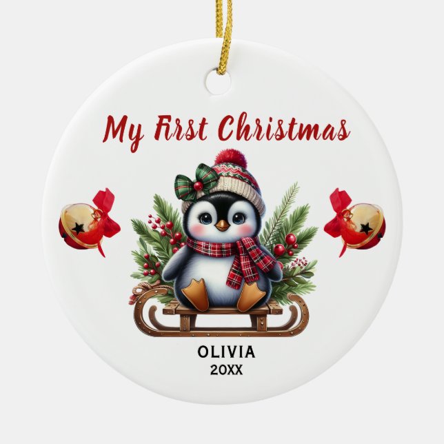 My First Christmas Penguin Ceramic Ornament (Front)
