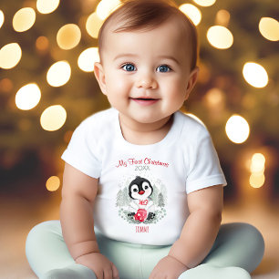 My First Christmas Penguin Personalised Name Baby T-Shirt