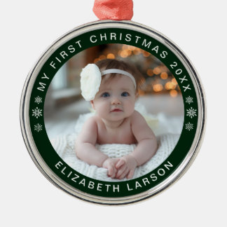 My First Christmas Personalised Baby Photo Green Metal Tree Decoration