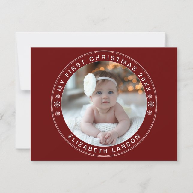 My First Christmas Personalised Baby Photo Red Holiday Card (Front)