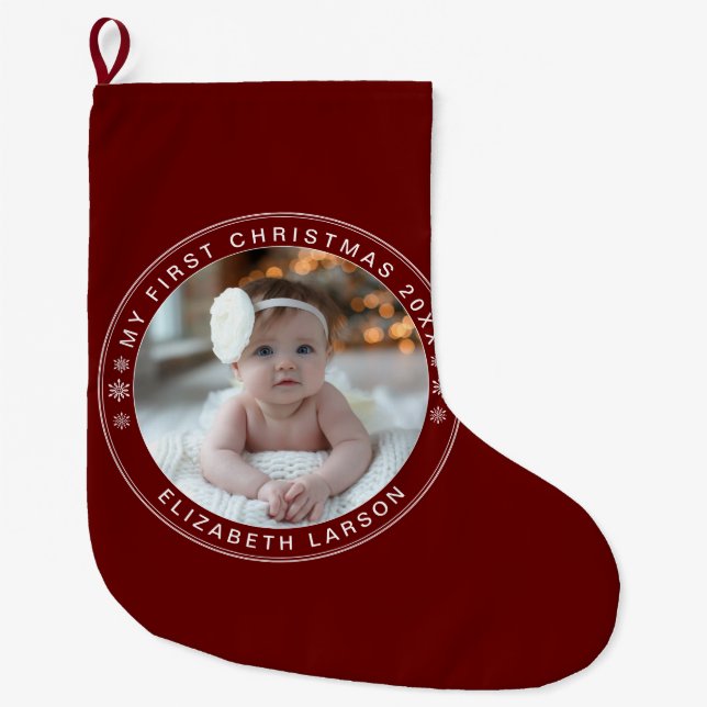 My First Christmas Personalised Baby Photo Red Large Christmas Stocking (Front)