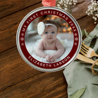 My First Christmas Personalised Baby Photo Red Metal Tree Decoration