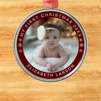 My First Christmas Personalised Baby Photo Red Metal Tree Decoration