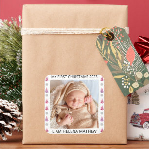 My First Christmas Personalised Elegant Baby Photo Square Sticker