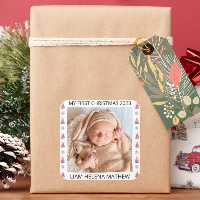 My First Christmas Personalised Elegant Baby Photo Square Sticker (Holiday)