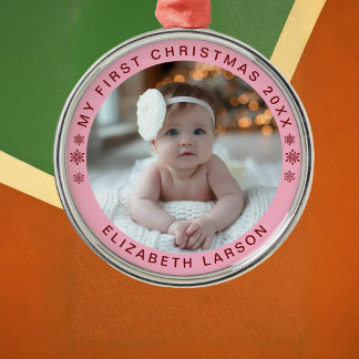 My First Christmas Personalized Baby Photo Red Metal Tree Decoration