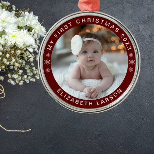 My First Christmas Personalized Baby Photo Red Metal Tree Decoration