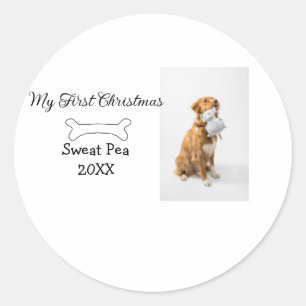 My first Christmas pet animal photo name year bone Classic Round Sticker