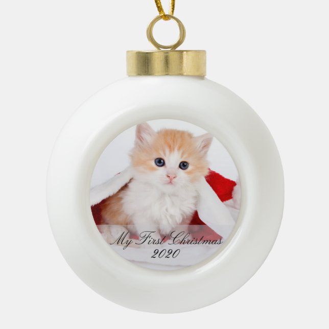 My First Christmas Pet Photo Ceramic Ball Christmas Ornament (Front)