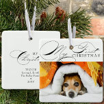 My First Christmas Pet Photo Elegant Calligraphy Ceramic Ornament<br><div class="desc">My First Christmas pet photo ornament which you can personalise with your favourite photo and custom wording on the back. Elegant typographic design lettered with My First Christmas in swirly calligraphy and classic print. All the text,  except My First Christmas is editable.</div>