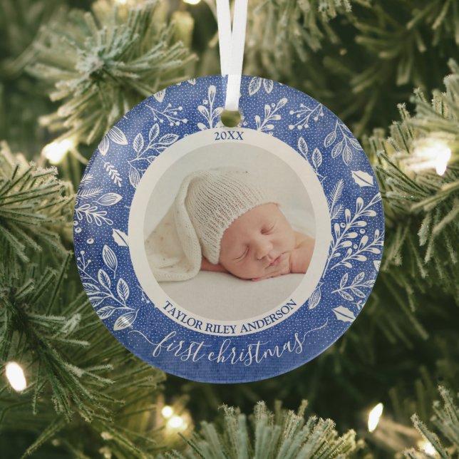My First Christmas Photo Blue Glass Tree Decoration (Insitu)