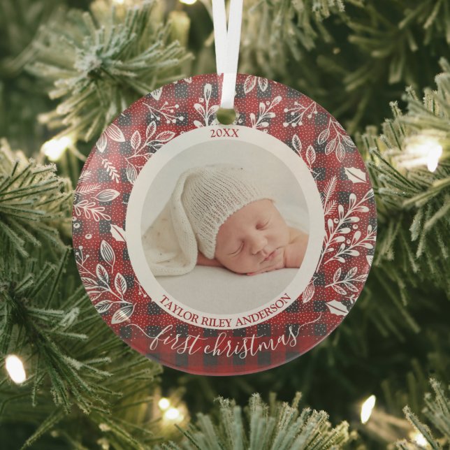 My First Christmas Photo Buffalo Plaid Glass Tree Decoration (Insitu)