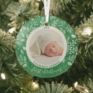 My First Christmas Photo Green Glass Tree Decoration