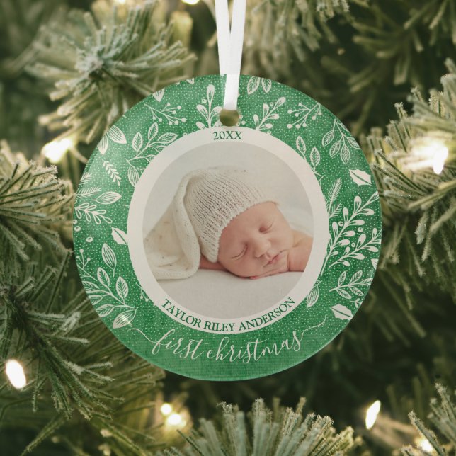 My First Christmas Photo Green Glass Tree Decoration (Insitu)