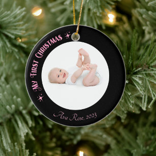 My First Christmas Photo Name Custom Modern Pink Ceramic Tree Decoration