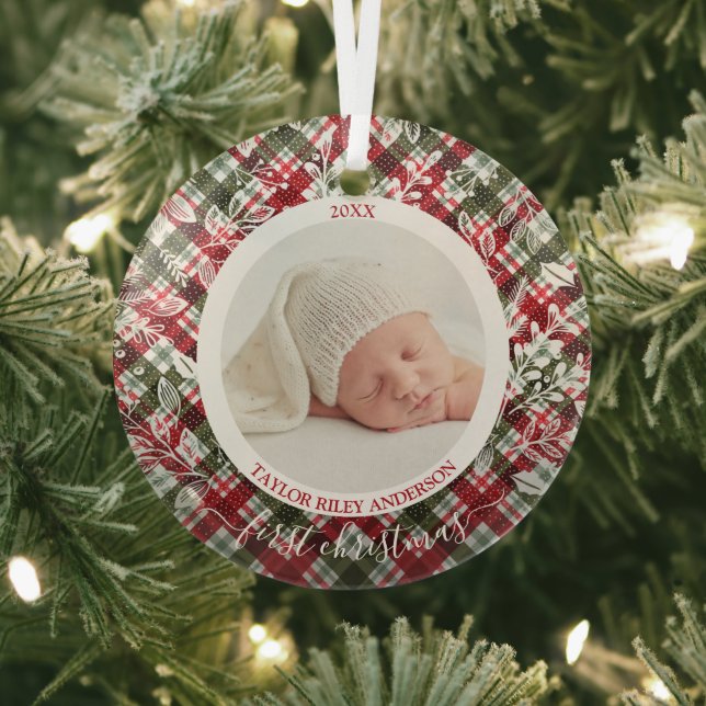 My First Christmas Photo Plaid Glass Tree Decoration (Insitu)