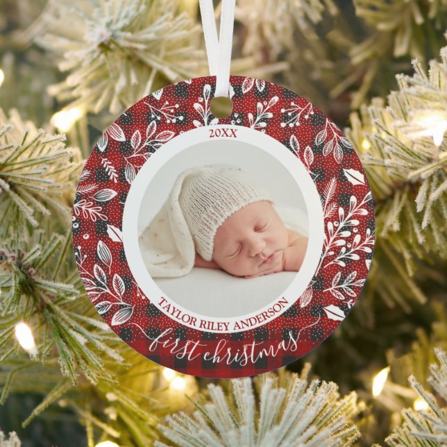 My First Christmas Photo Plaid Metal Tree Decoration (Insitu)